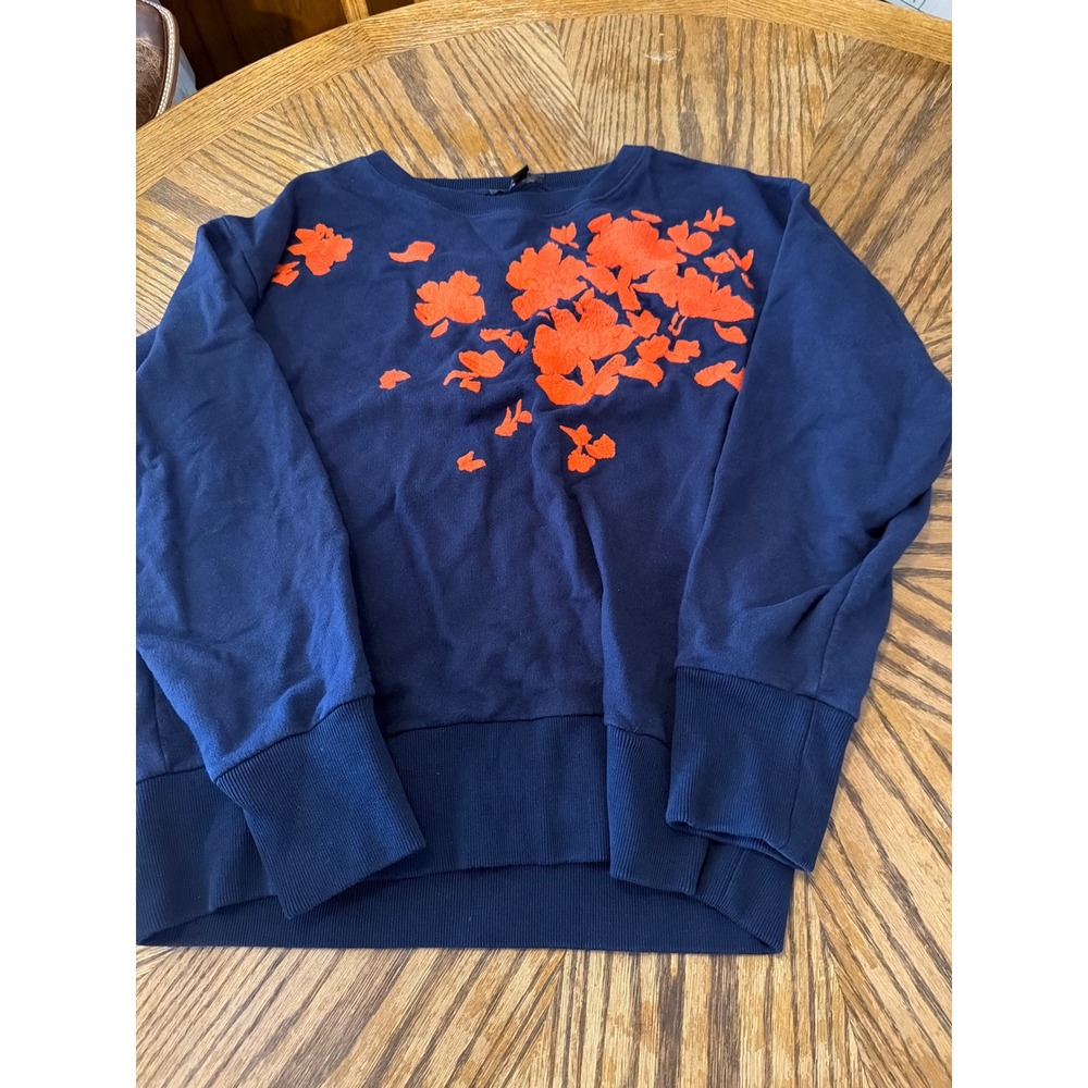 J.Crew Womens Navy Blue Orange Floral Embroidered Cotton Sweatshirt Size M